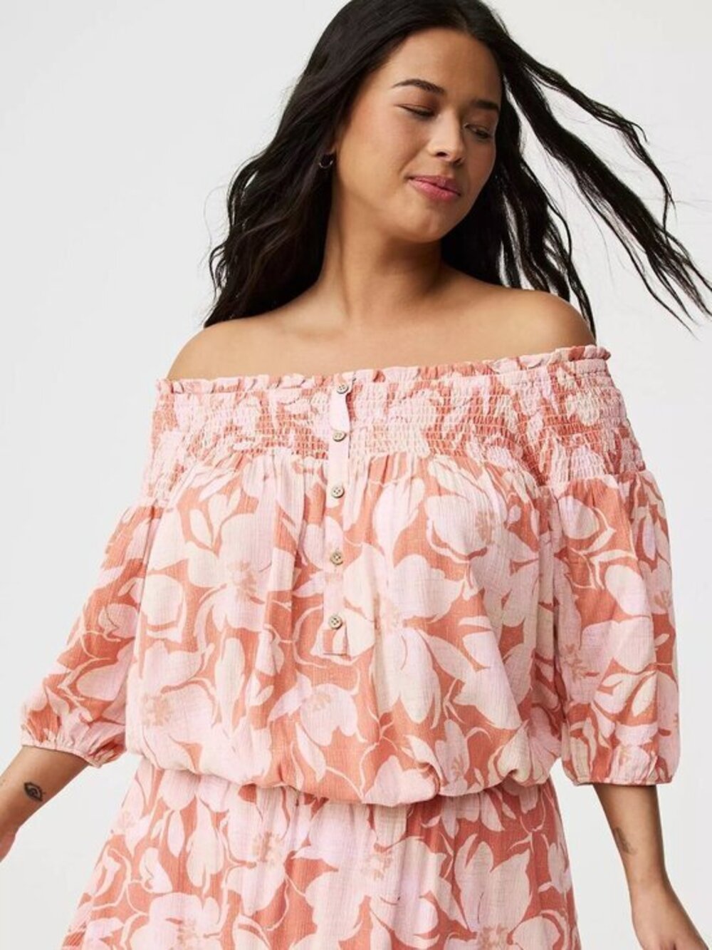 Torrid Crinkle Gauze Off-Shoulder Top in Baja Floral Camellia Size 5X